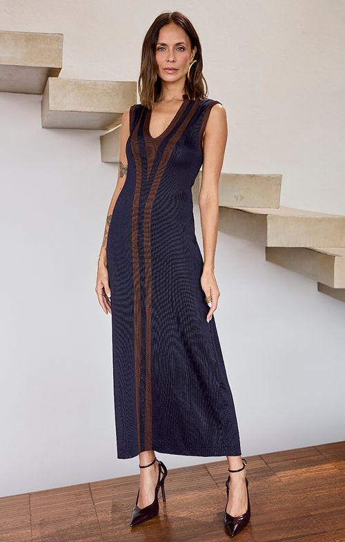 Vestido Tricot Max Midy Decote Dual Color