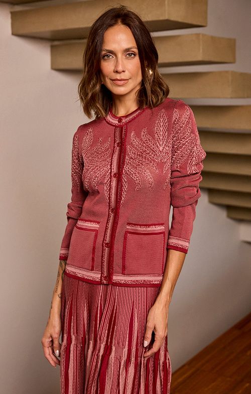 Casaquinho Tricot Folhas Bolsos