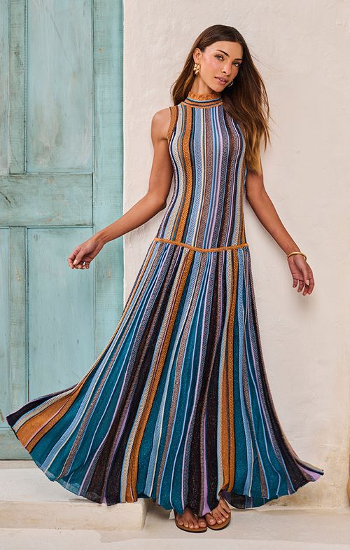 Vestido Tricot Longo Setas Color Decote Costas