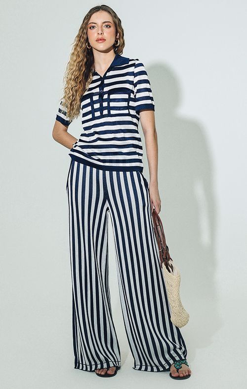 Calça Tricot Pantalona Listras