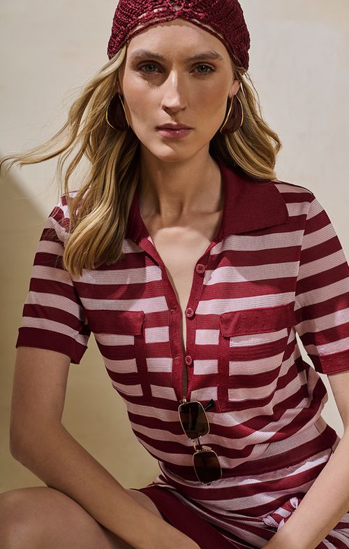 Camisa Polo Tricot Decote Botões Listras